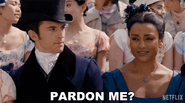a man in a top hat stands next to a woman in a blue dress who is asking him to pardon her