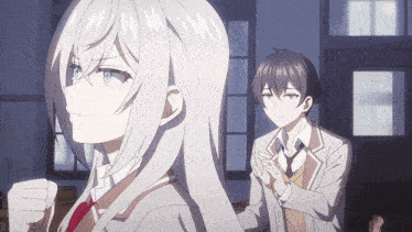 a girl with white hair is standing next to a boy in a classroom