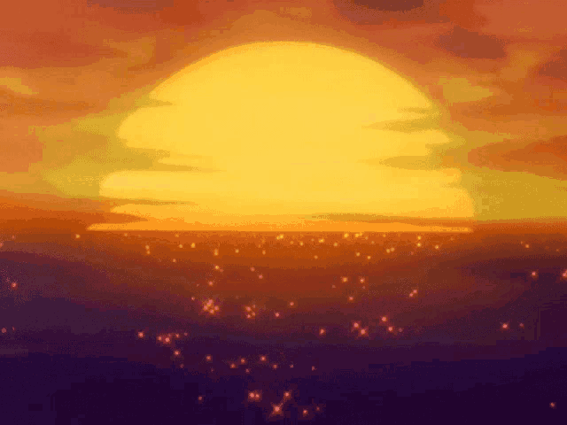 a cartoon illustration of a sunset over the ocean with stars flying in the sky .