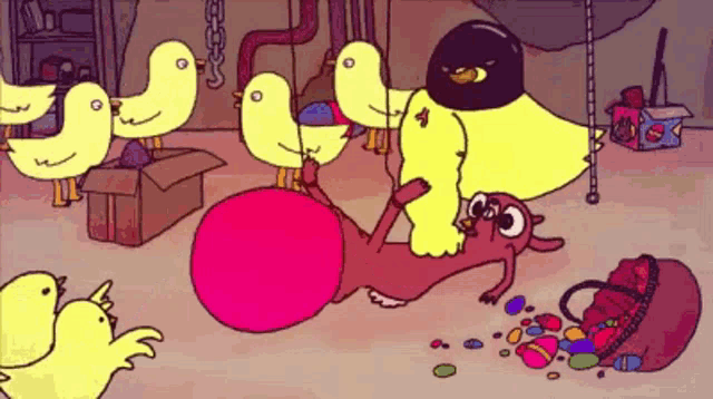 a bunch of cartoon birds are playing with a red ball