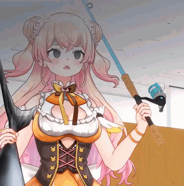 a girl with pink hair is holding a fishing pole
