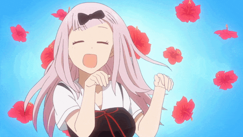 a girl with pink hair and a bow on her head is surrounded by red flowers