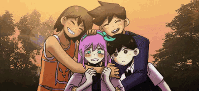 a group of anime characters are hugging each other and smiling