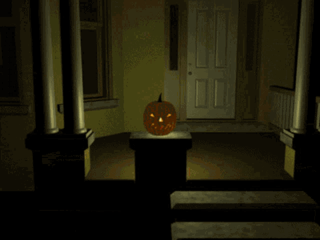 a pumpkin with a face carved into it is sitting on a table