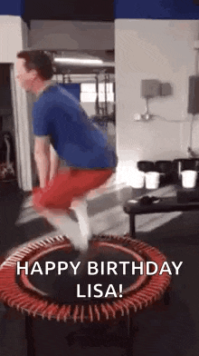 a man is jumping on a trampoline with the words `` happy birthday lisa '' written on it .