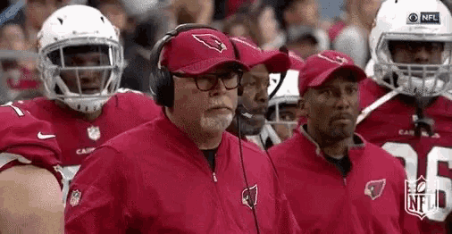 a group of cardinals football players and coaches are standing on the sidelines watching a game .