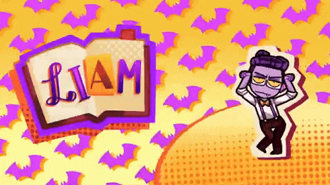 a cartoon character named liam is dancing in front of a book with bats on it