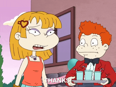 a cartoon character says thanks while holding a tray with drinks