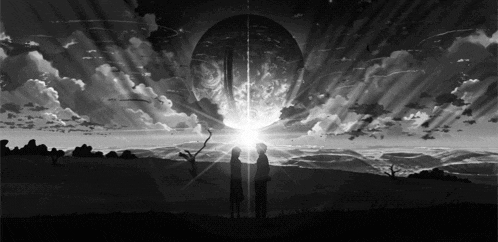 a black and white drawing of two people standing in front of a large sphere with the sun shining through it