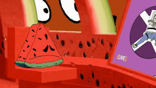 a cartoon of a watermelon sitting next to a sign that says live