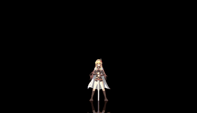 a girl in a white dress stands in a dark room with a sword in her hand