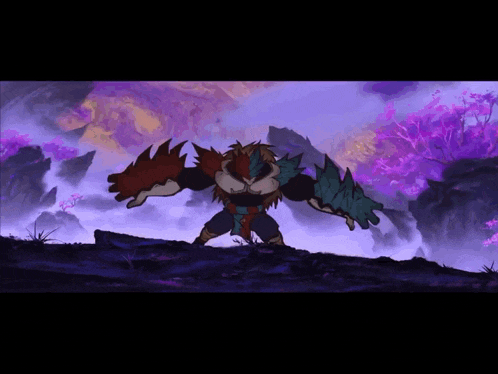 a cartoon drawing of a monster with purple trees in the background