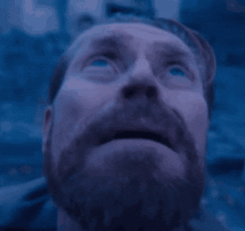 a close up of a man 's face with a beard and blue eyes looking up .
