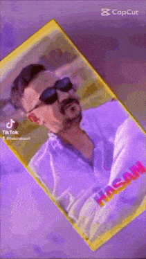 a man wearing sunglasses is on a purple background with the name hasan on it .