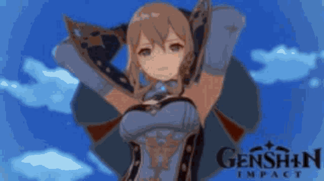 a genshin impact character is standing in front of a blue sky with clouds