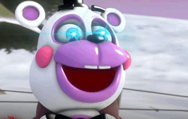 a white and purple teddy bear with glowing eyes