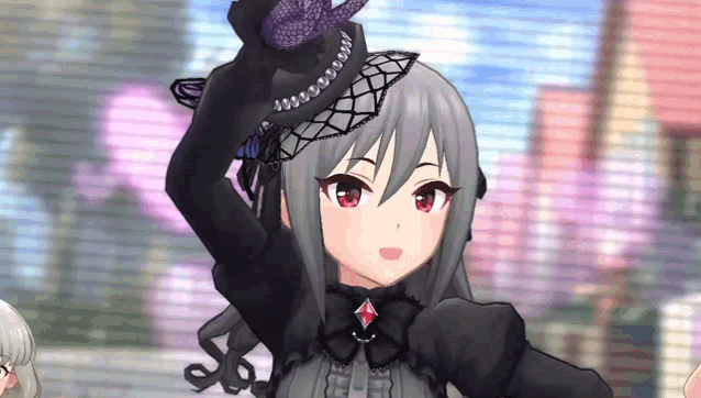 a girl with gray hair is wearing a black dress and a black hat