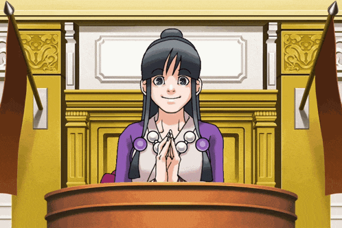 a cartoon illustration of a woman sitting at a podium with her hands folded
