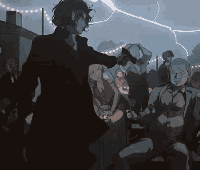 a group of people are gathered in a dark room with a lightning strike in the background
