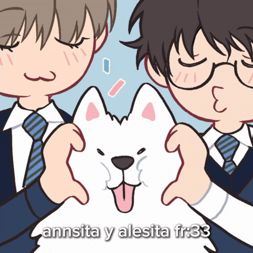 a cartoon of two boys petting a white dog with the words " annsita y alesita fr 33 " underneath