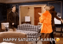 a group of people are dancing in a living room with the words `` happy saturday karen '' written on the bottom .