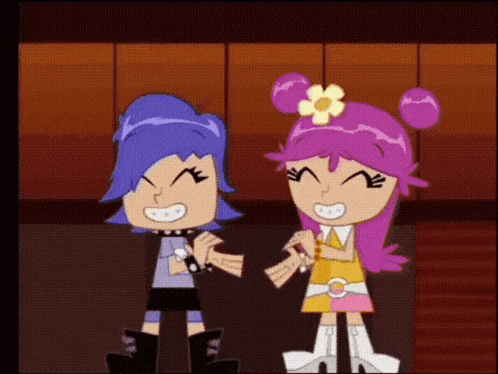 a couple of cartoon characters standing next to each other and smiling