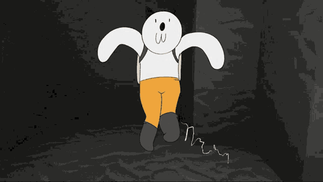 a cartoon drawing of a cat wearing a backpack and orange pants