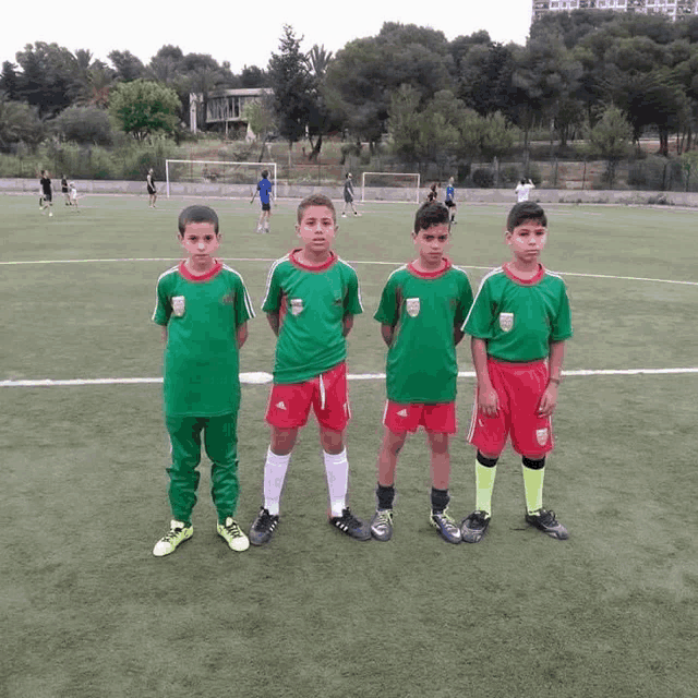 a group of young boys standing on a soccer field wearing green and red uniforms