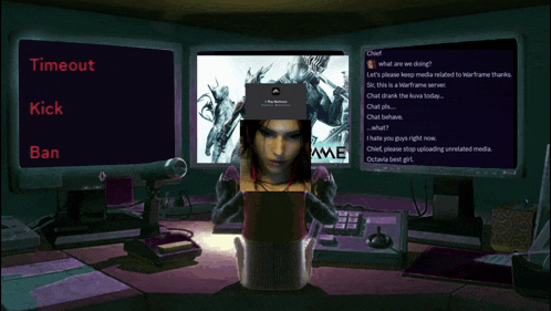 a computer screen shows a woman sitting in front of two monitors with the words timeout kick and ban visible