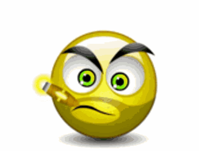 a yellow smiley face with green eyes is holding a light in its mouth