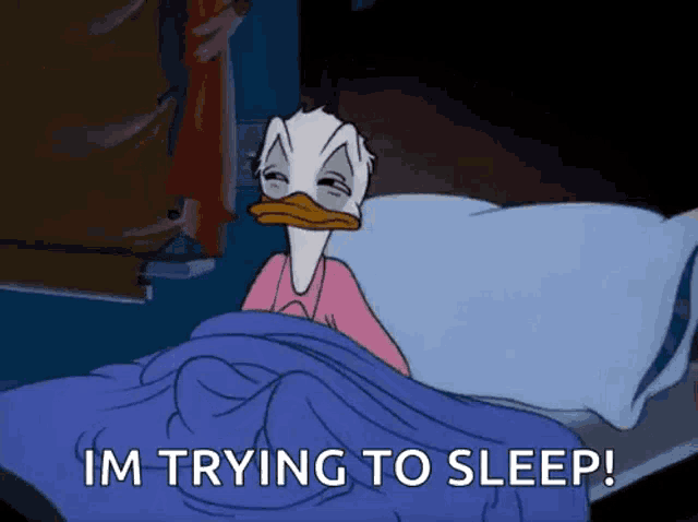 a cartoon of donald duck laying in bed with the words im trying to sleep below him