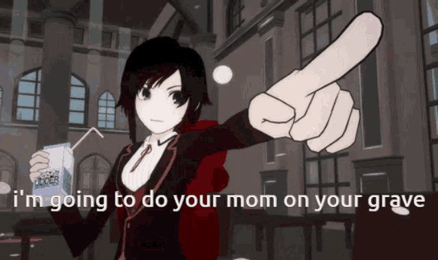 a cartoon of a girl pointing at something with the words " i 'm going to do your mom on your grave " behind her