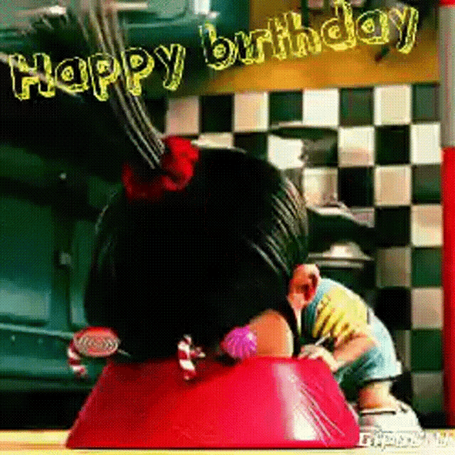 a happy birthday greeting card with a person sitting in a bowl