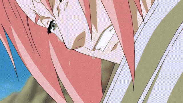 a close up of a pink haired anime character