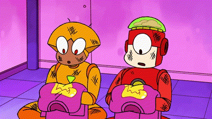 a cartoon of two robots sitting next to each other
