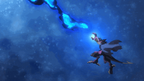 a cartoon character is flying through the air with a blue flame behind him