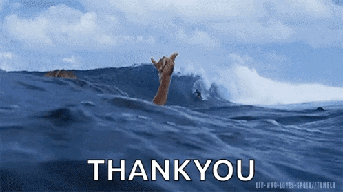 a person giving a hang loose sign in the ocean with the words thankyou below them