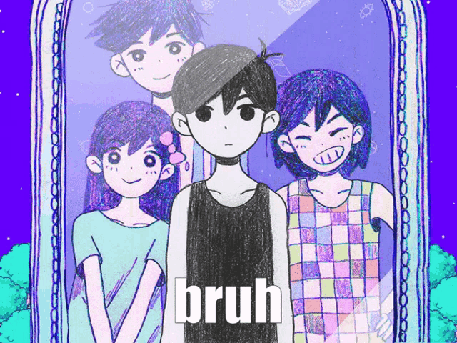 a drawing of a boy and three girls with the word bruh on the bottom