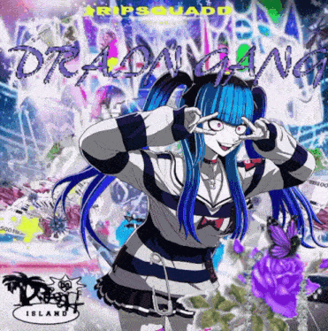 a girl with blue hair making a peace sign on a poster that says ripsquad