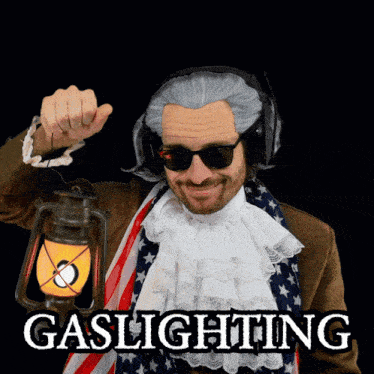 a man wearing a wig and sunglasses holds a lantern with the words gaslighting written below him