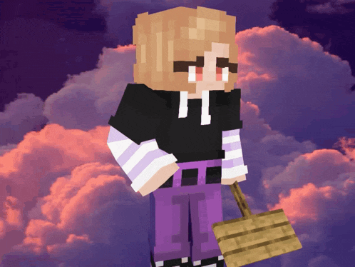 a girl in a black shirt and purple pants is holding a broom in front of a cloudy sky