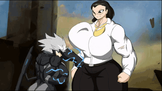 a cartoon drawing of a man and a woman with huge breasts