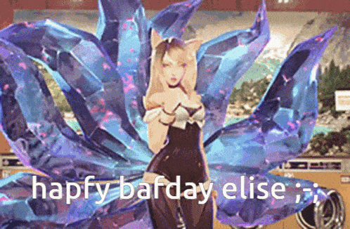 a cartoon of a woman with a purple tail and the words happy barday elise