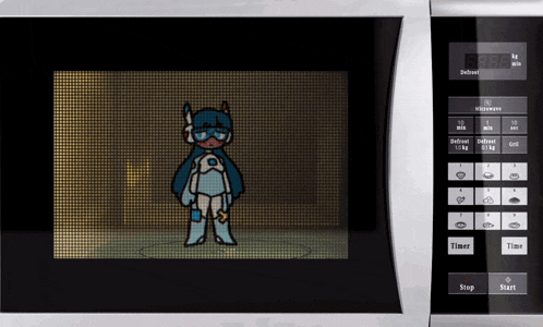 a microwave with a cartoon of a superhero and a dog on the screen