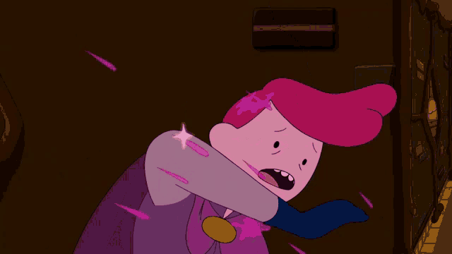 a cartoon character with pink hair and a purple cape covered in pink liquid