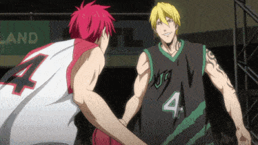 a basketball player with the number 4 on his jersey talks to another player