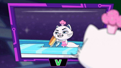 a cartoon of a cat holding a knife with the letter v above her