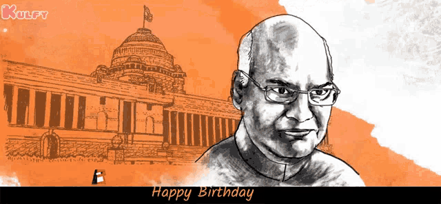 a drawing of a man in front of a building with the words happy birthday below him