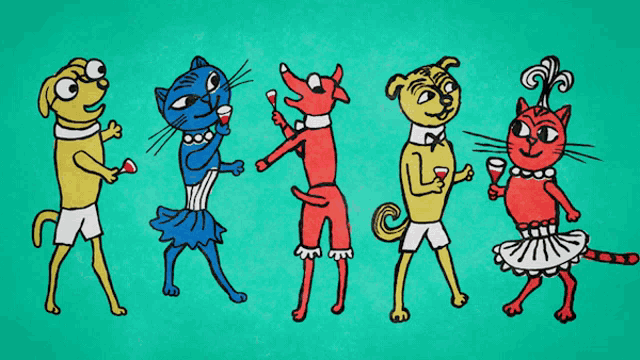 a cartoon of a dog a cat a fox and a cat holding glasses of wine