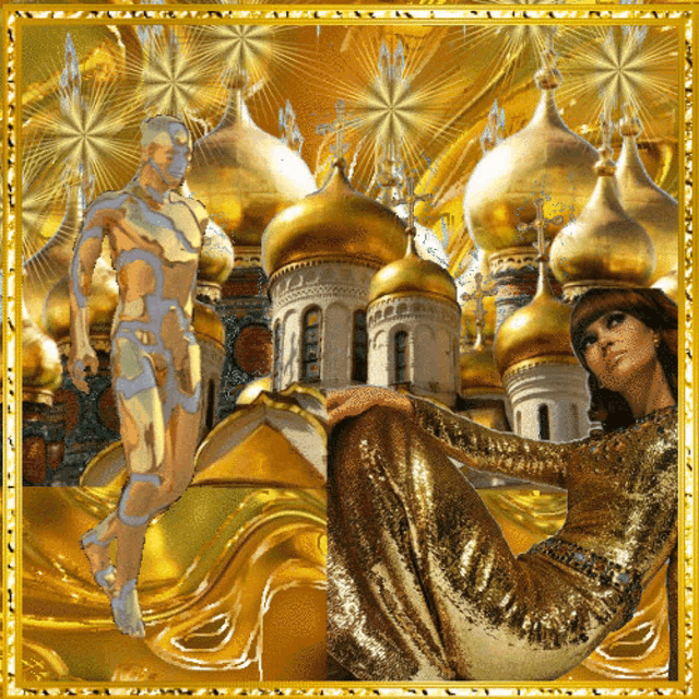 a painting of a woman in a gold dress and a man in a blue body